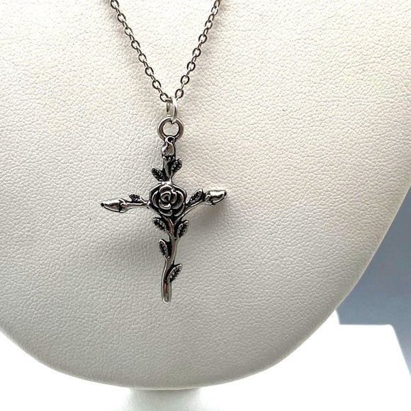 Cross and Rose Pendant Necklace, Gothic Minimalist on Delicate Silver Tone Chain - Picture 3 of 4